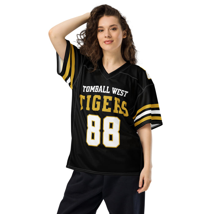 Woman wearing Tomball West High School Tigers Football Jersey 88