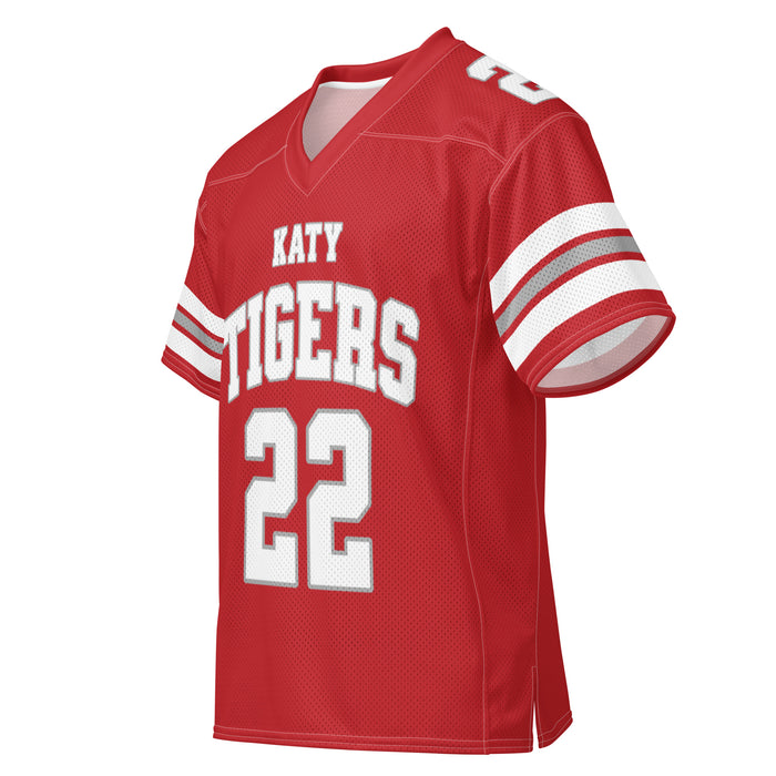 Left profile view of Katy High School Tigers Football Jersey 22