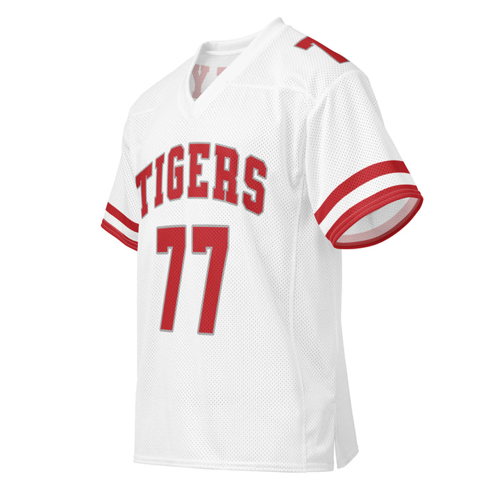 Left profile view of Katy High School Tigers Football Jersey 77