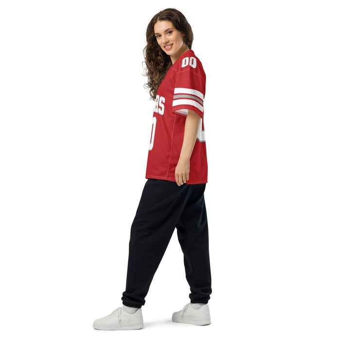 Side view of woman wearing Katy High School Tigers Football Jersey 00