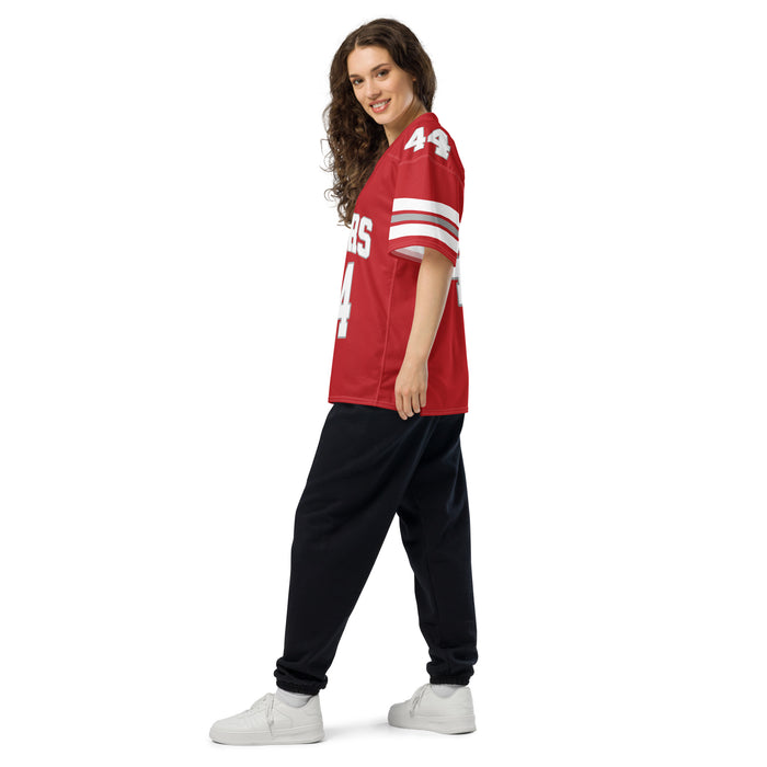 Side view of woman wearing Katy High School Tigers Football Jersey 44