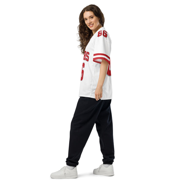 Side view of woman wearing Katy High School Tigers Football Jersey 66