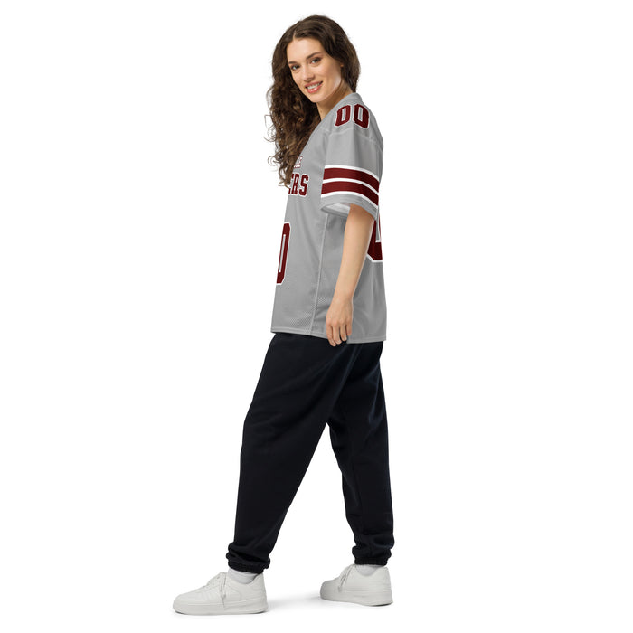 Side view of woman wearing Lewisville High School Farmers Football Jersey 00