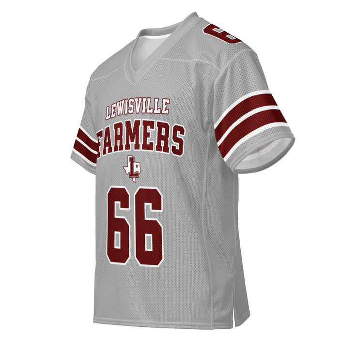 Front left profile view of Lewisville High School Farmers Football Jersey 66