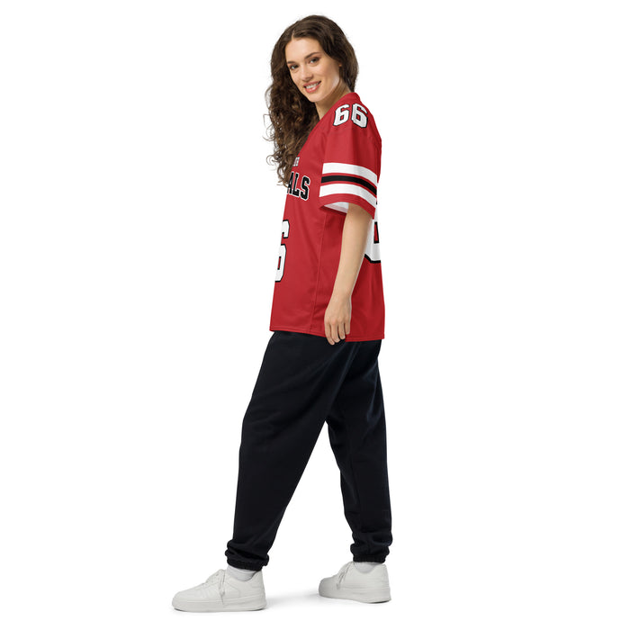 Side view of woman wearing MacArthur High School Generals Football Jersey 66