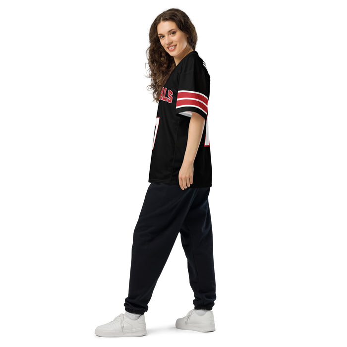 Side view of woman wearing MacArthur High School Generals Football Jersey 77