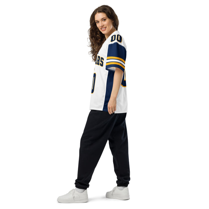 Side view of woman wearing Nimitz High School Cougars Football Jersey 00