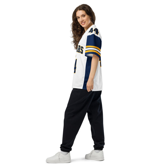 Side view of woman wearing Nimitz High School Cougars Football Jersey 44