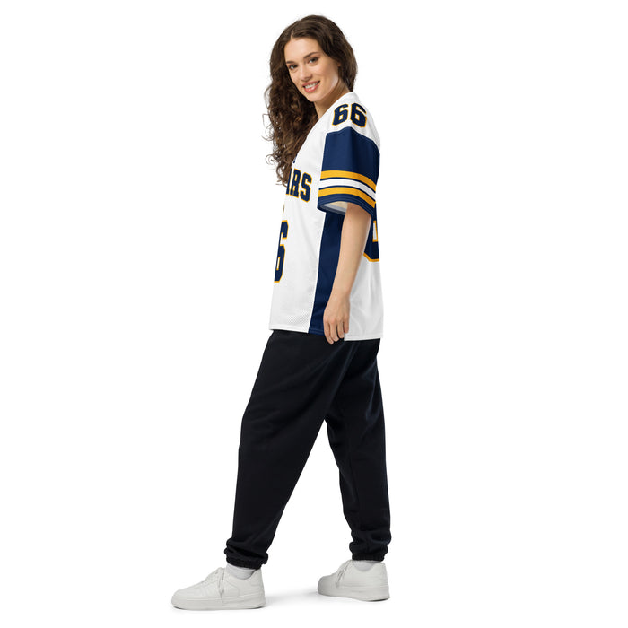 Side view of woman wearing Nimitz High School Cougars Football Jersey 66