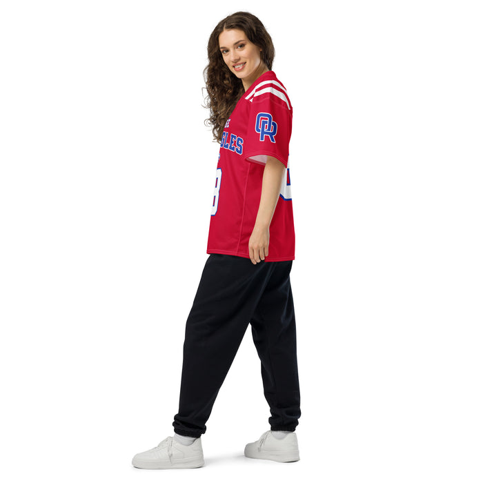 Side view of woman wearing Oak Ridge High School War Eagles Football Jersey 88