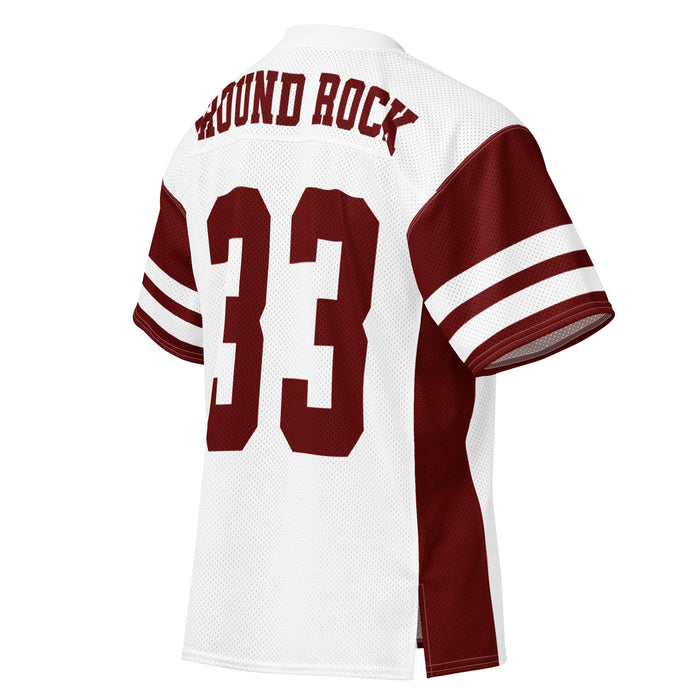 White and maroon football jersey shown from the back, featuring 'RROUND ROCK' and the number '33' in maroon on a white mesh background.