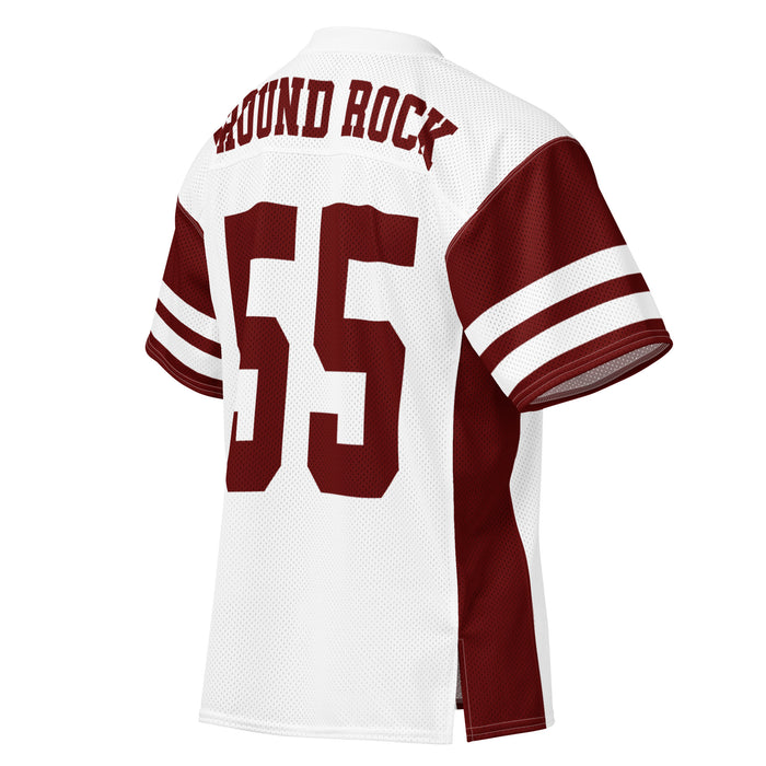 White and maroon football jersey shown from the back, featuring 'GROUND ROCK' and the number '55' in maroon on a white mesh background.
