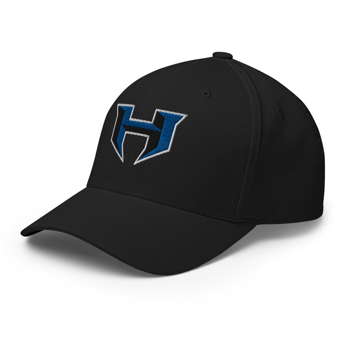 Side view of Hebron High School Hawks Flexfit Black Baseball Cap 206