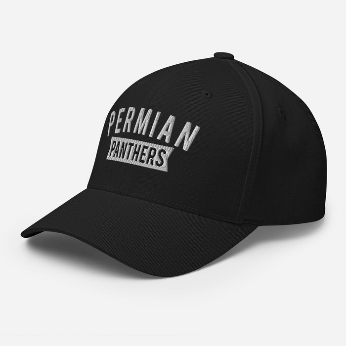 Side view of Permian High School Panthers Black Flexfit Baseball Cap 203