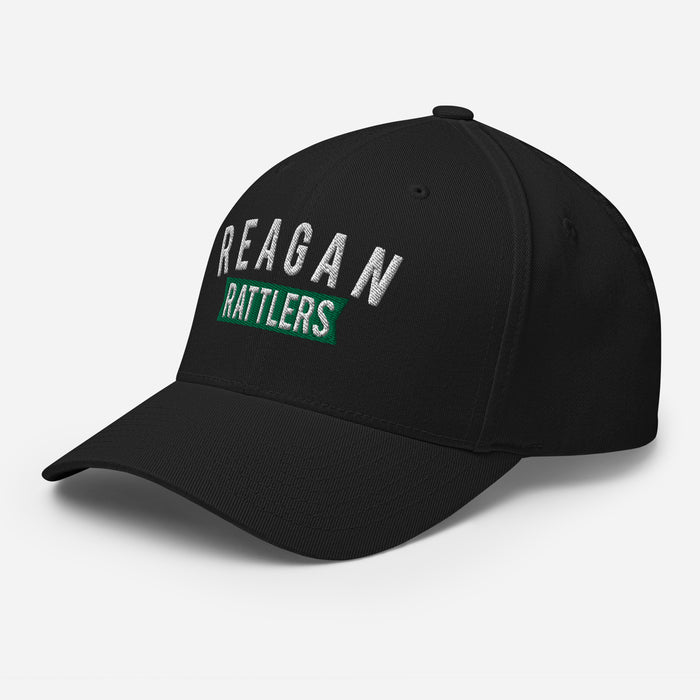 Side view of Reagan High School Rattlers Flexfit Black Baseball Cap 203