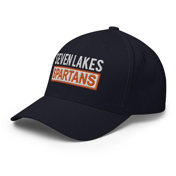 Side view of Seven Lakes High School Spartans Flexfit Navy Baseball Cap 202