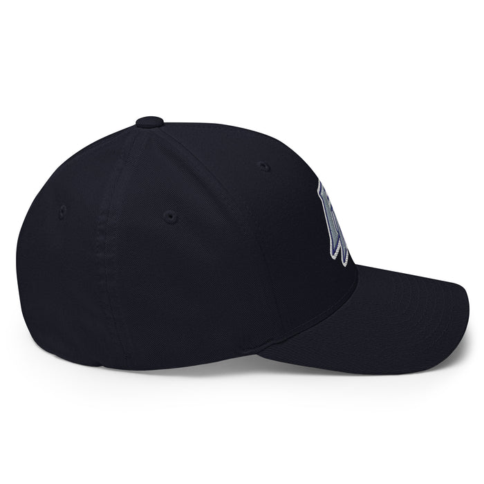 Right side view of Flower Mound High School Jaguars Flexfit Navy Blue Baseball Cap 206