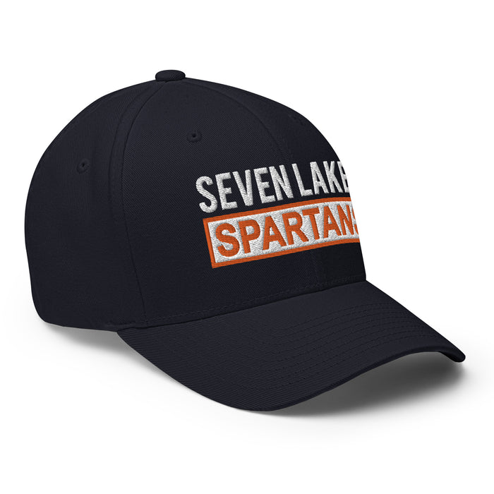 Profile view of Seven Lakes High School Spartans Flexfit Navy Baseball Cap 202