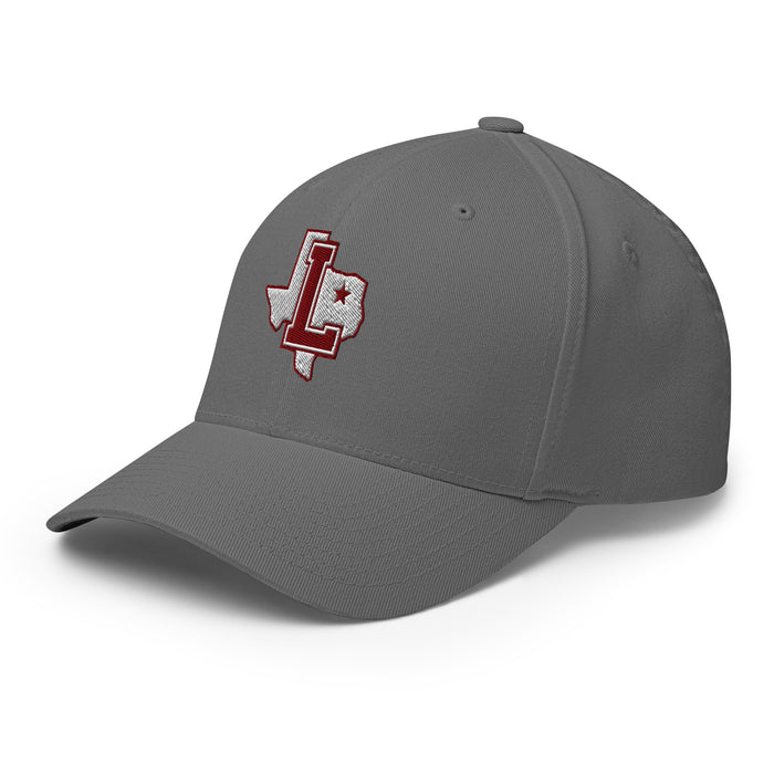 Profile view of Lewisville High School Farmers Flexfit Baseball Cap 208 - Grey
