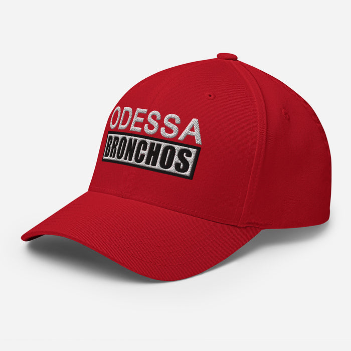 SIde view of Odessa High School Bronchos Red Flexfit Baseball Cap 202