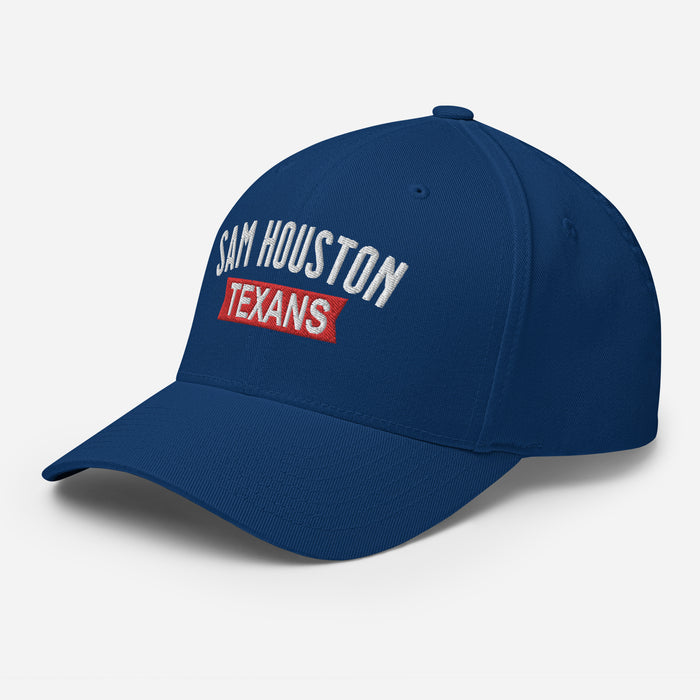 Side view of Sam Houston High School Texans Flexfit Royal Blue Baseball Cap 203