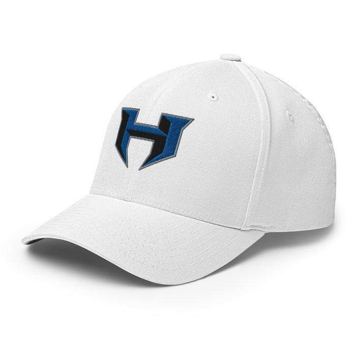 Side view of Hebron High School Hawks Flexfit White Baseball Cap 208