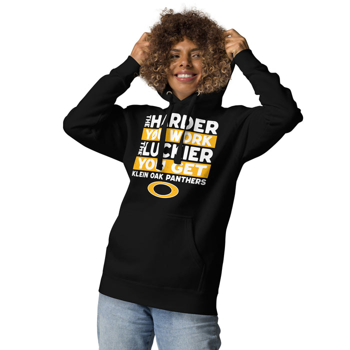 Woman wearing Klein Oak High School Panthers Premium Black Unisex Hoodie 238