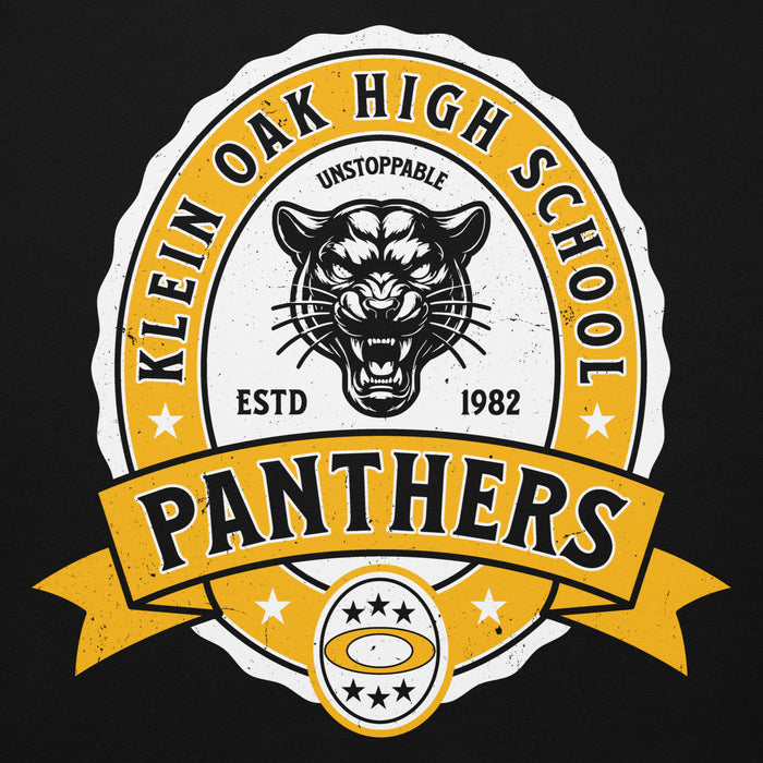 Close-up view of Klein Oak High School Panthers Premium Black Unisex Hoodie 212