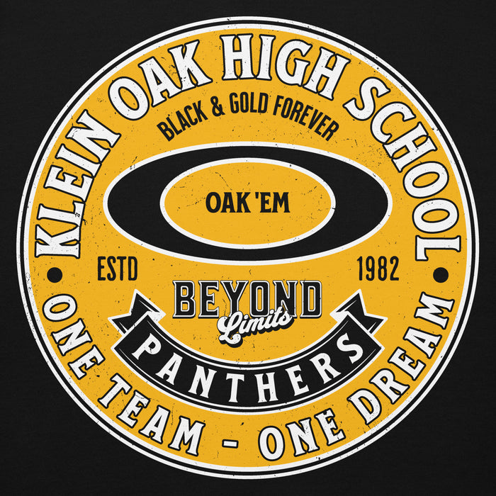 Close-up view of Klein Oak High School Panthers Premium Black Unisex Hoodie 215