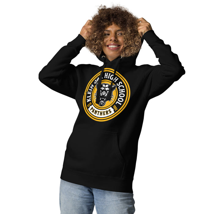Woman wearing Klein Oak High School Panthers Premium Black Unisex Hoodie 220