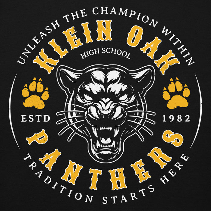 Close-up view of Klein Oak High School Panthers Premium Black Unisex Hoodie 214