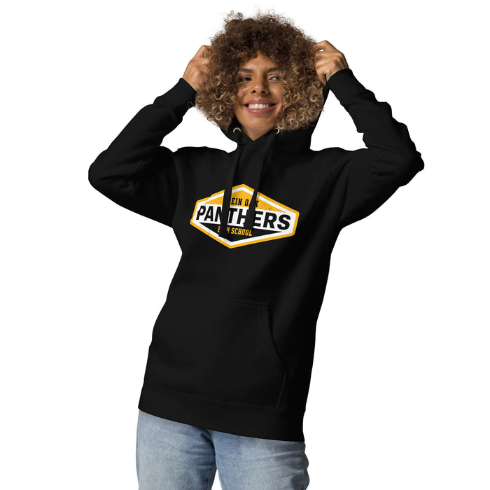 Woman wearing Klein Oak High School Panthers Premium Black Unisex Hoodie 009