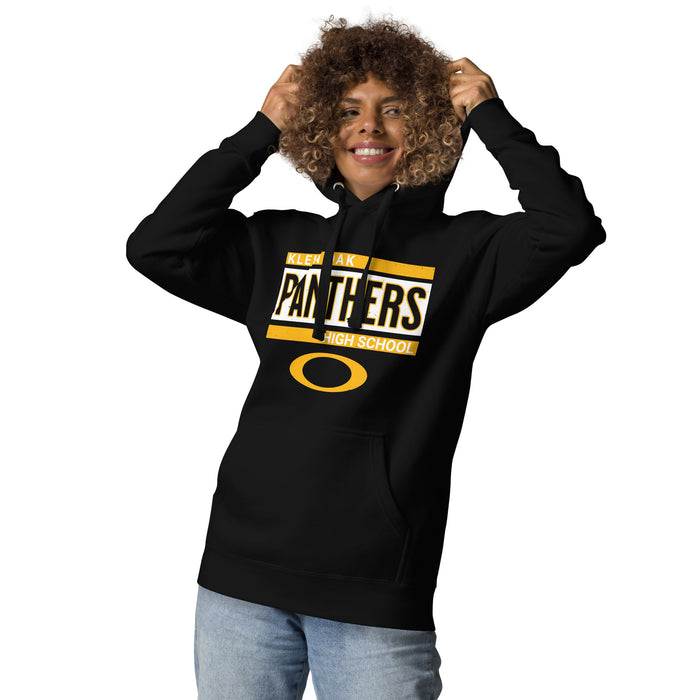 Woman wearing Klein Oak High School Panthers Premium Black Unisex Hoodie 098