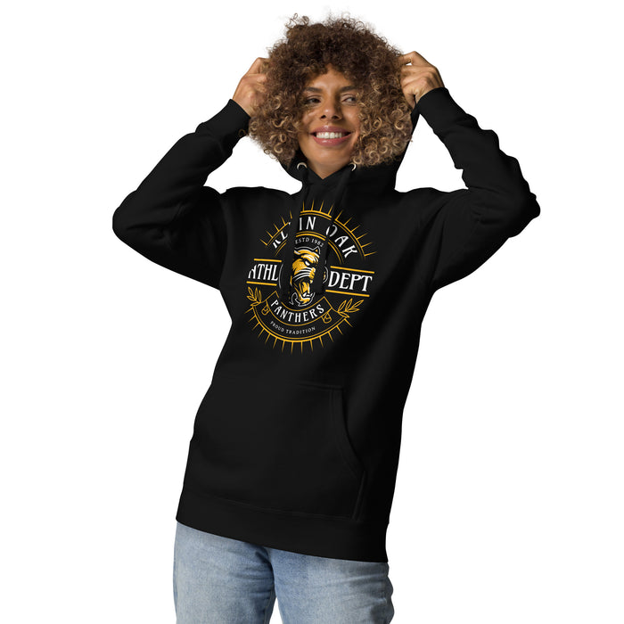 Woman wearing Klein Oak High School Panthers Premium Black Unisex Hoodie 201