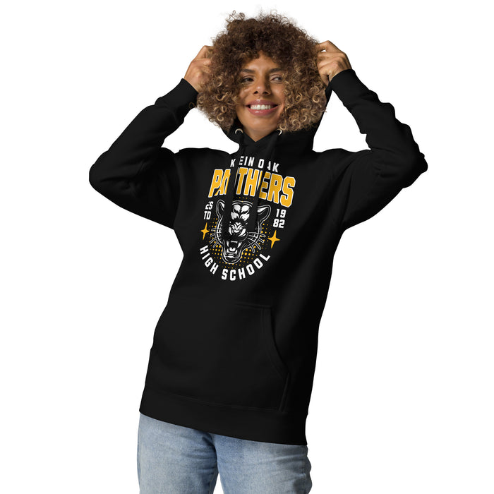 Woman wearing Klein Oak High School Panthers Premium Black Unisex Hoodie 204