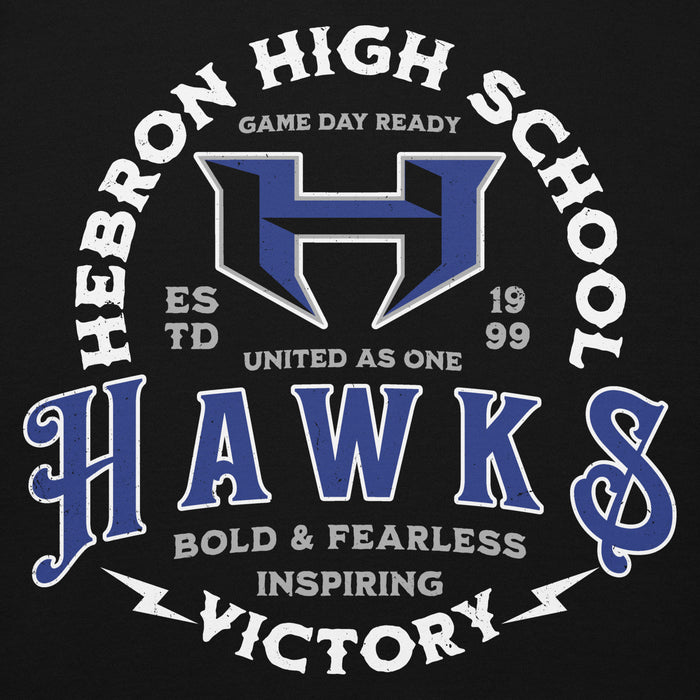 Close-up view of Hebron High School Hawks Black Premium Unisex Hoodie 206