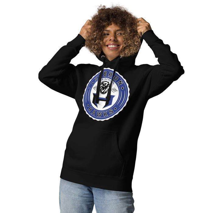 Woman wearing Hebron High School Hawks Black Premium Unisex Hoodie 216
