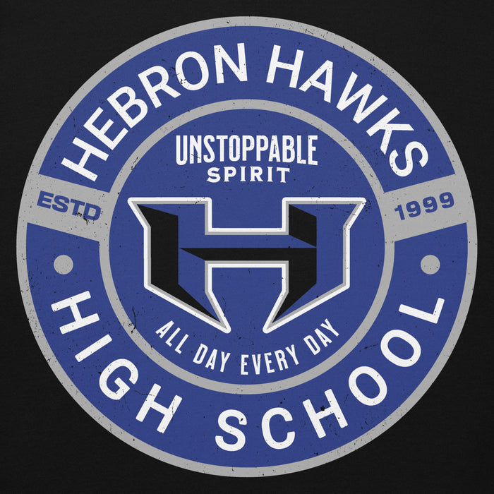 Close-up view of Hebron High School Hawks Black Premium Unisex Hoodie 239