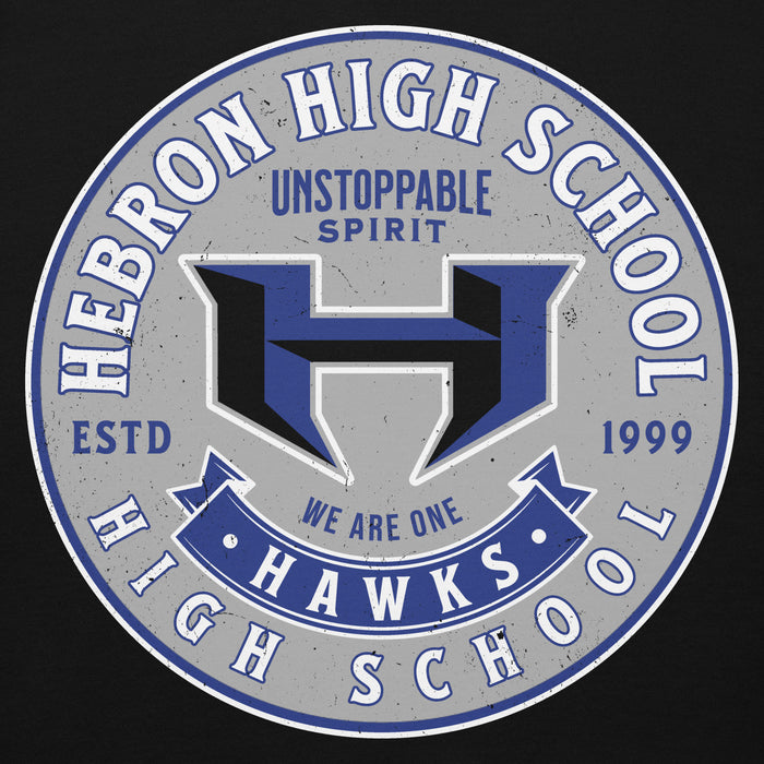 Close-up view of Hebron High School Hawks Black Premium Unisex Hoodie 215