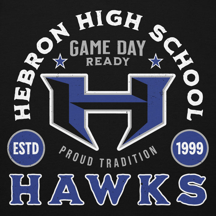 Close-up view of Hebron High School Hawks Black Premium Unisex Hoodie 208