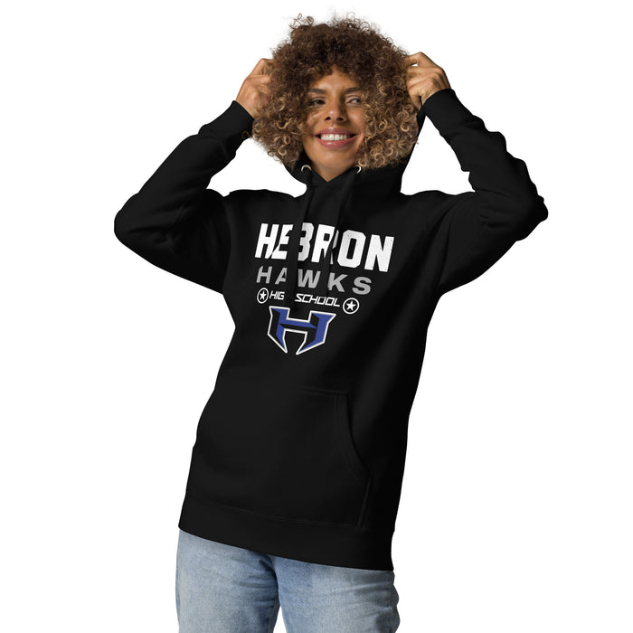 Woman wearing Hebron High School Hawks Black Premium Unisex Hoodie 003