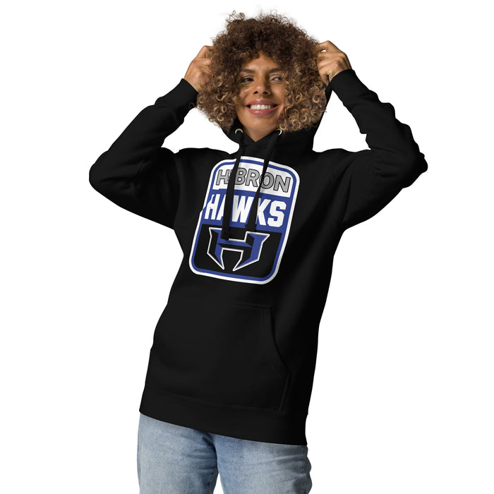 Woman wearing Hebron High School Hawks Black Premium Unisex Hoodie 001