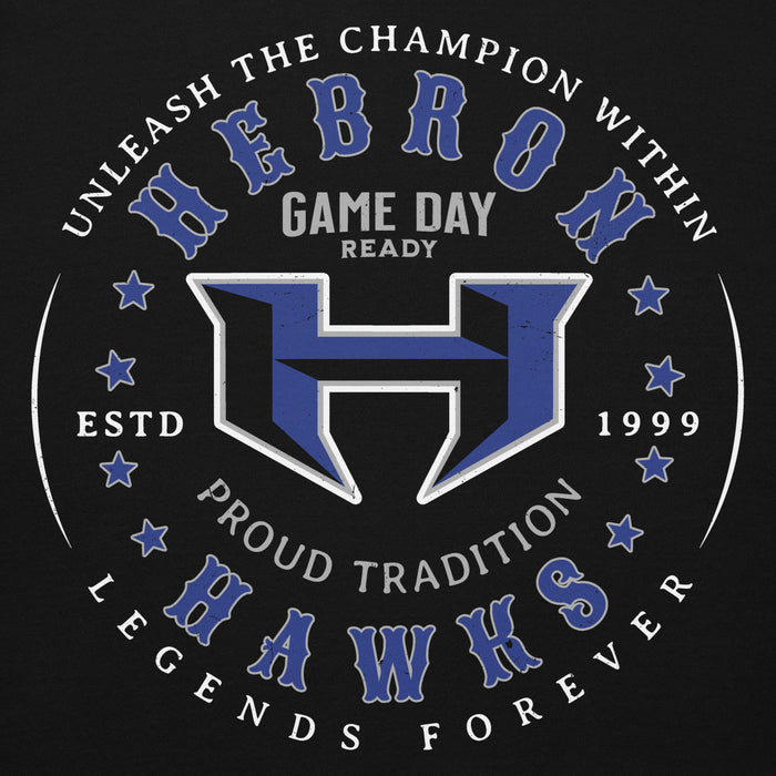 Close-up view of Hebron High School Hawks Black Premium Unisex Hoodie 214