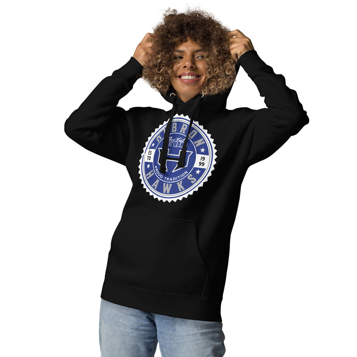 Woman wearing Hebron High School Hawks Black Premium Unisex Hoodie 203