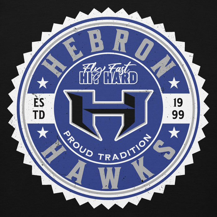 Close-up view of Hebron High School Hawks Black Premium Unisex Hoodie 203