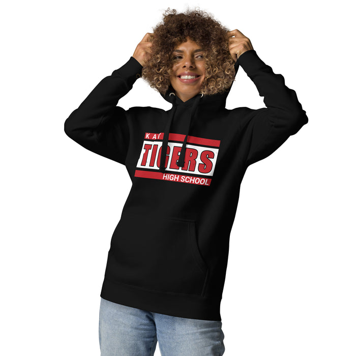 Woman wearing Katy High School Tigers Black Premium Unisex Hoodie 098