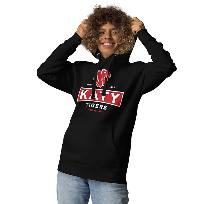 Woman wearing Katy High School Tigers Black Premium Unisex Hoodie 202