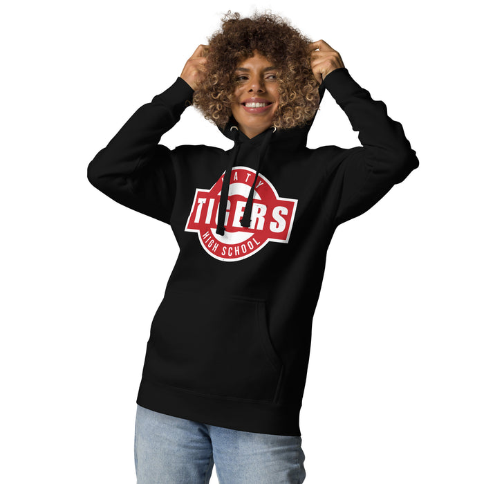 Woman wearing Katy High School Tigers Black Premium Unisex Hoodie 011
