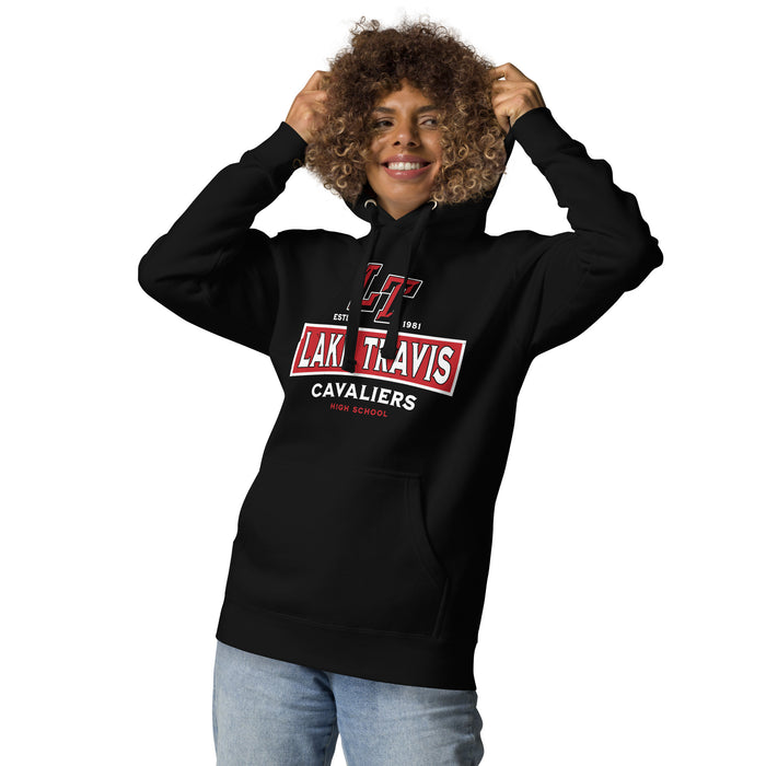 Woman wearing Lake Travis High School Cavaliers Black Premium Unisex Hoodie 202