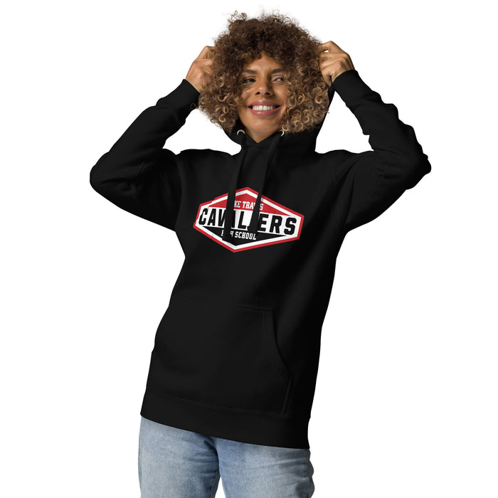Woman wearing Lake Travis High School Cavaliers Black Premium Unisex Hoodie 009